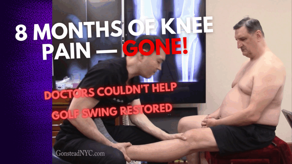 Chiropractor examining golfer's knee during treatment for chronic pain, with X-ray in background and bold text reading '8 Months of Knee Pain — GONE!