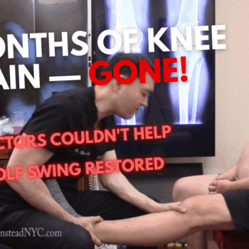 Chiropractor examining golfer's knee during treatment for chronic pain, with X-ray in background and bold text reading '8 Months of Knee Pain — GONE!