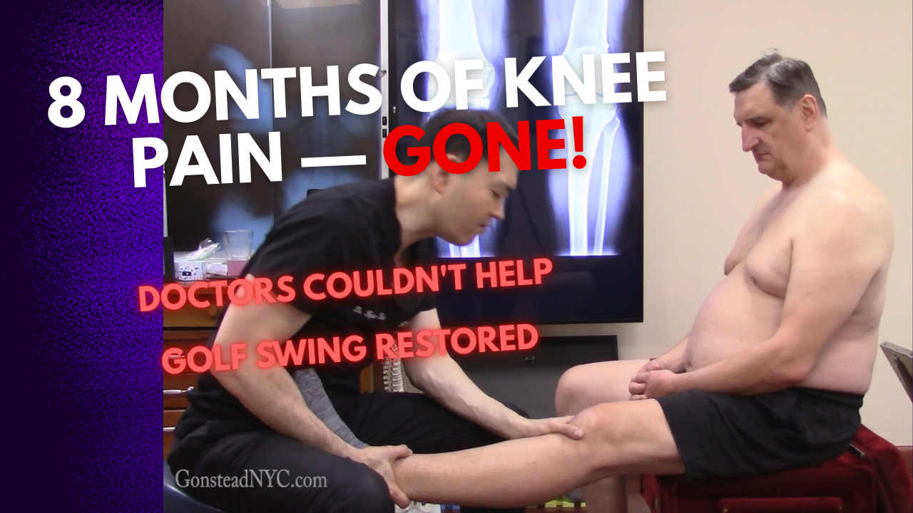 Chiropractor examining golfer's knee during treatment for chronic pain, with X-ray in background and bold text reading '8 Months of Knee Pain — GONE!