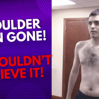Gonstead chiropractor with shocked patient after spine adjustment relieves shoulder pain instantly. Posture visibly improved