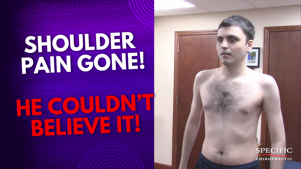 Gonstead chiropractor with shocked patient after spine adjustment relieves shoulder pain instantly. Posture visibly improved