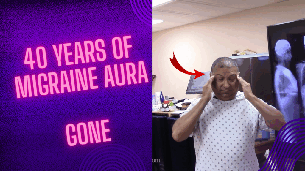 A male patient holds both sides of his head in severe migraine aura pain. Text on thumbnail reads ‘40 Years of Migraine Aura GONE.