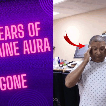 30 Years of Atypical Trigeminal Neuralgia - Shocking Pain Finally Explained & Fixed 6 A male patient holds both sides of his head in severe migraine aura pain. Text on thumbnail reads ‘40 Years of Migraine Aura GONE.
