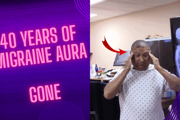 A male patient holds both sides of his head in severe migraine aura pain. Text on thumbnail reads ‘40 Years of Migraine Aura GONE.