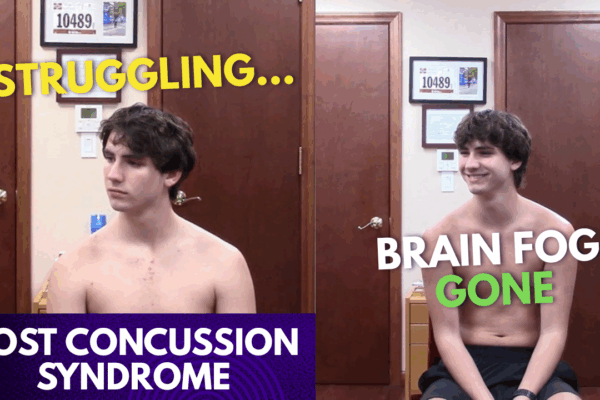 Teen athlete before and after Gonstead chiropractic adjustment showing recovery from post concussion symptoms—brain fog gone, mood lifted, and smiling confidently.
